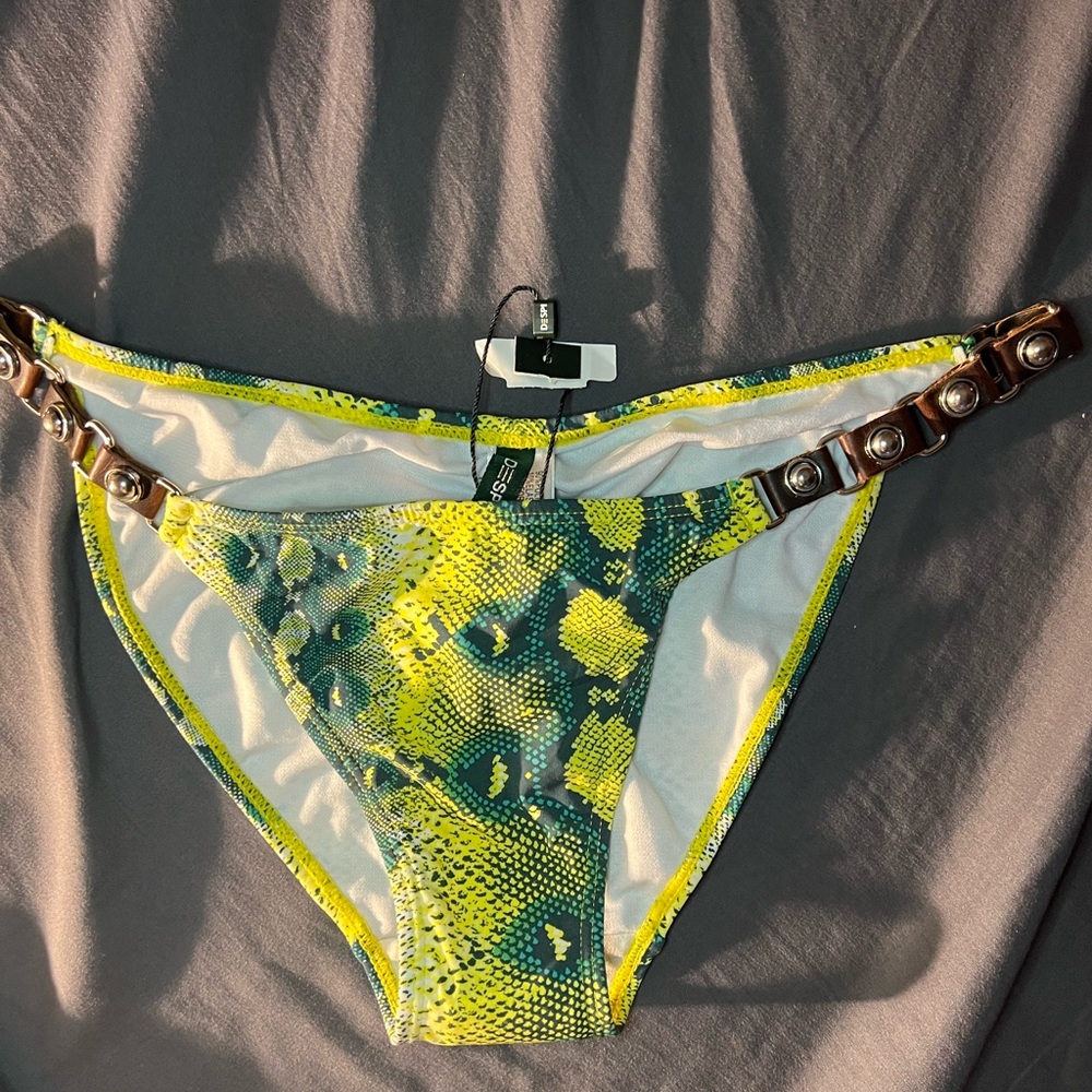Despi scrunch butt bikini bottom python print leather accents
